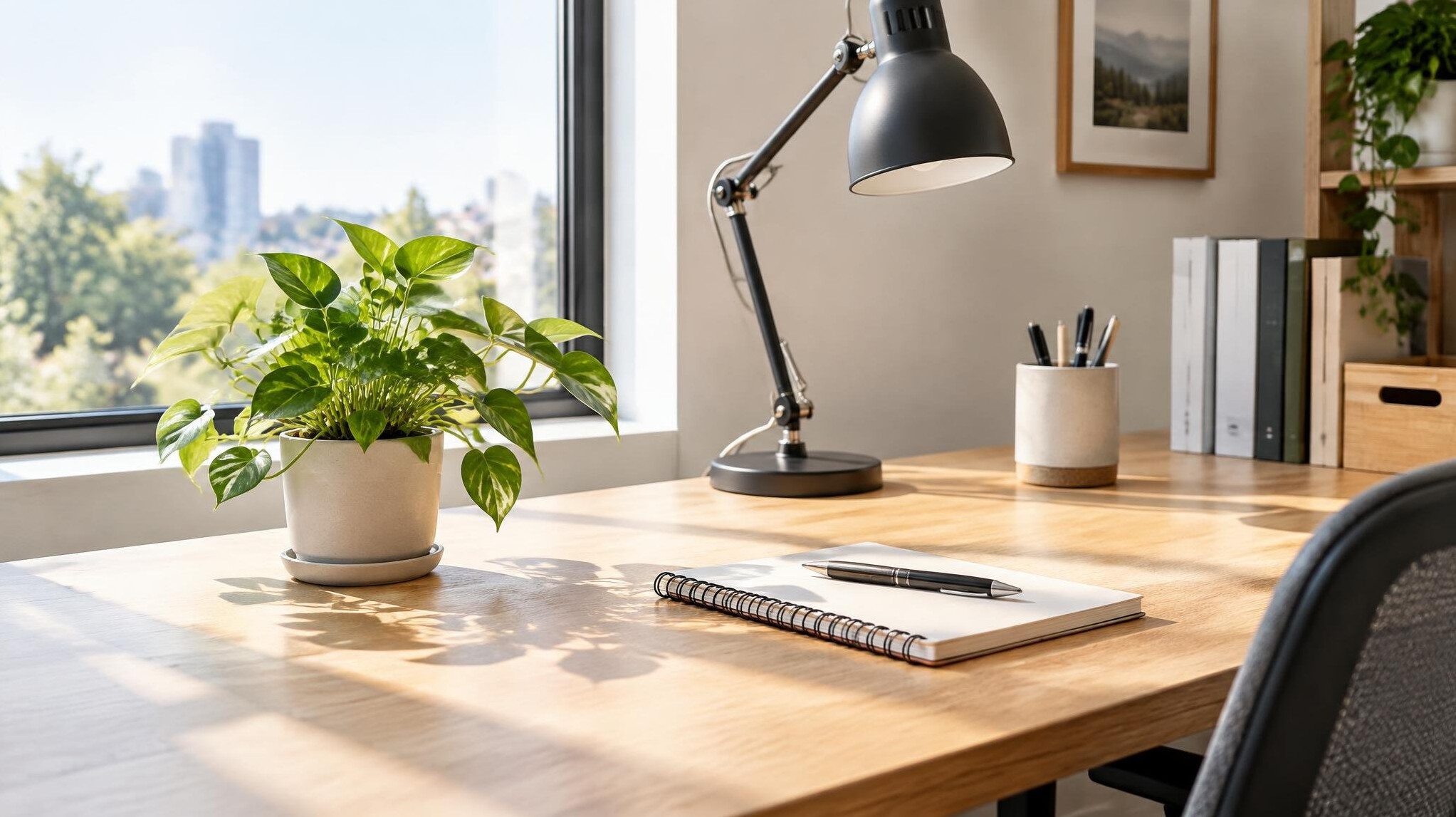 Tidy office desk with plant and lamp