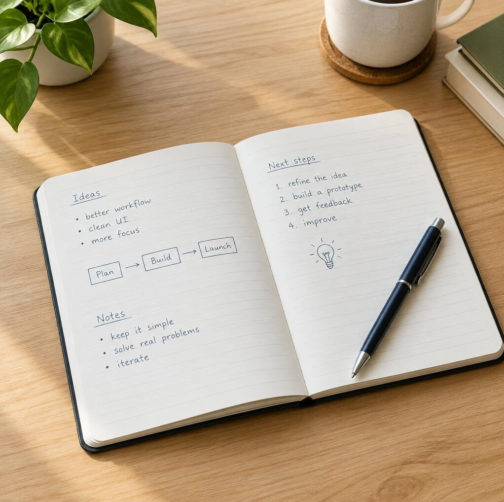 Open notebook with pen on a desk