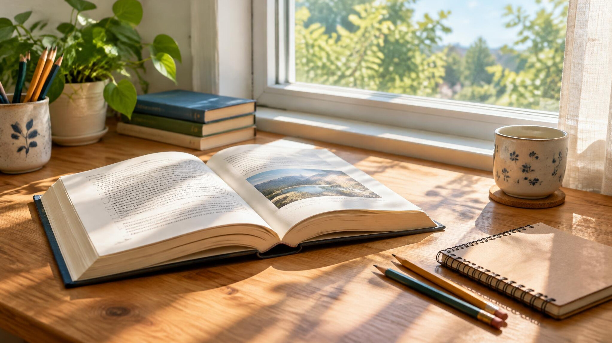 Open book and pencils on a desk by a window