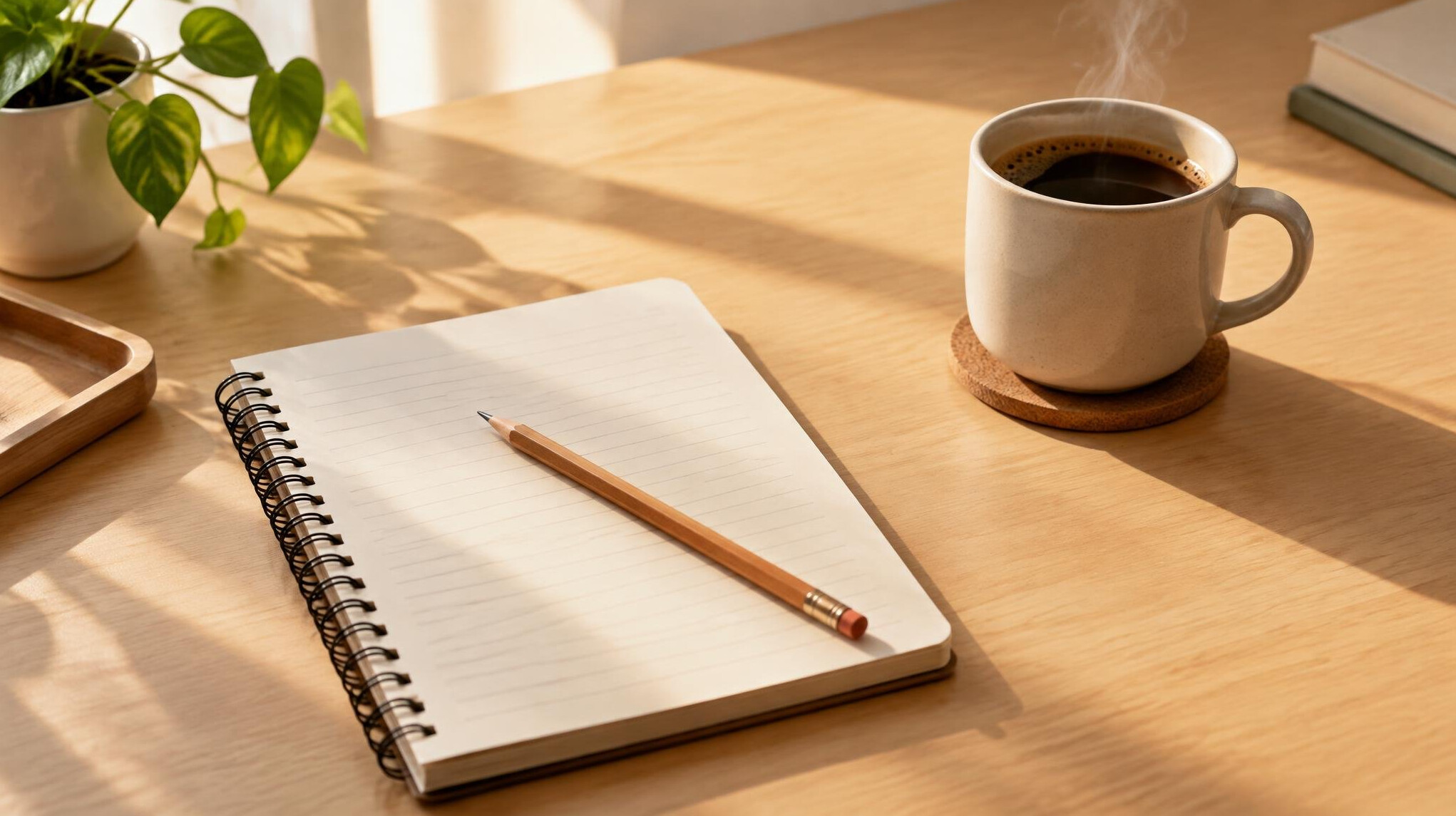 Notebook and coffee on a desk