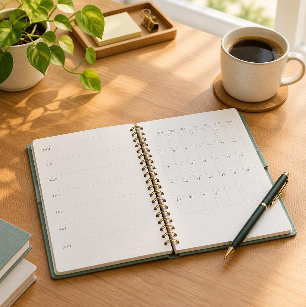 Planner with weekly calendar and pen on a desk